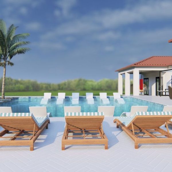 render of pool lounge chairs by custom luxury pool