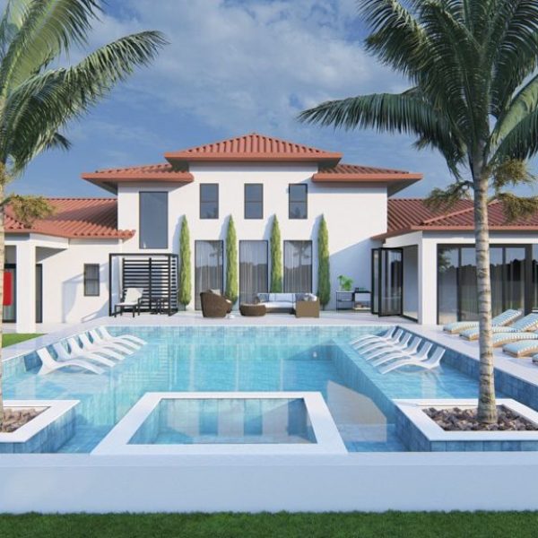 full scale render of luxury pool with new construction home